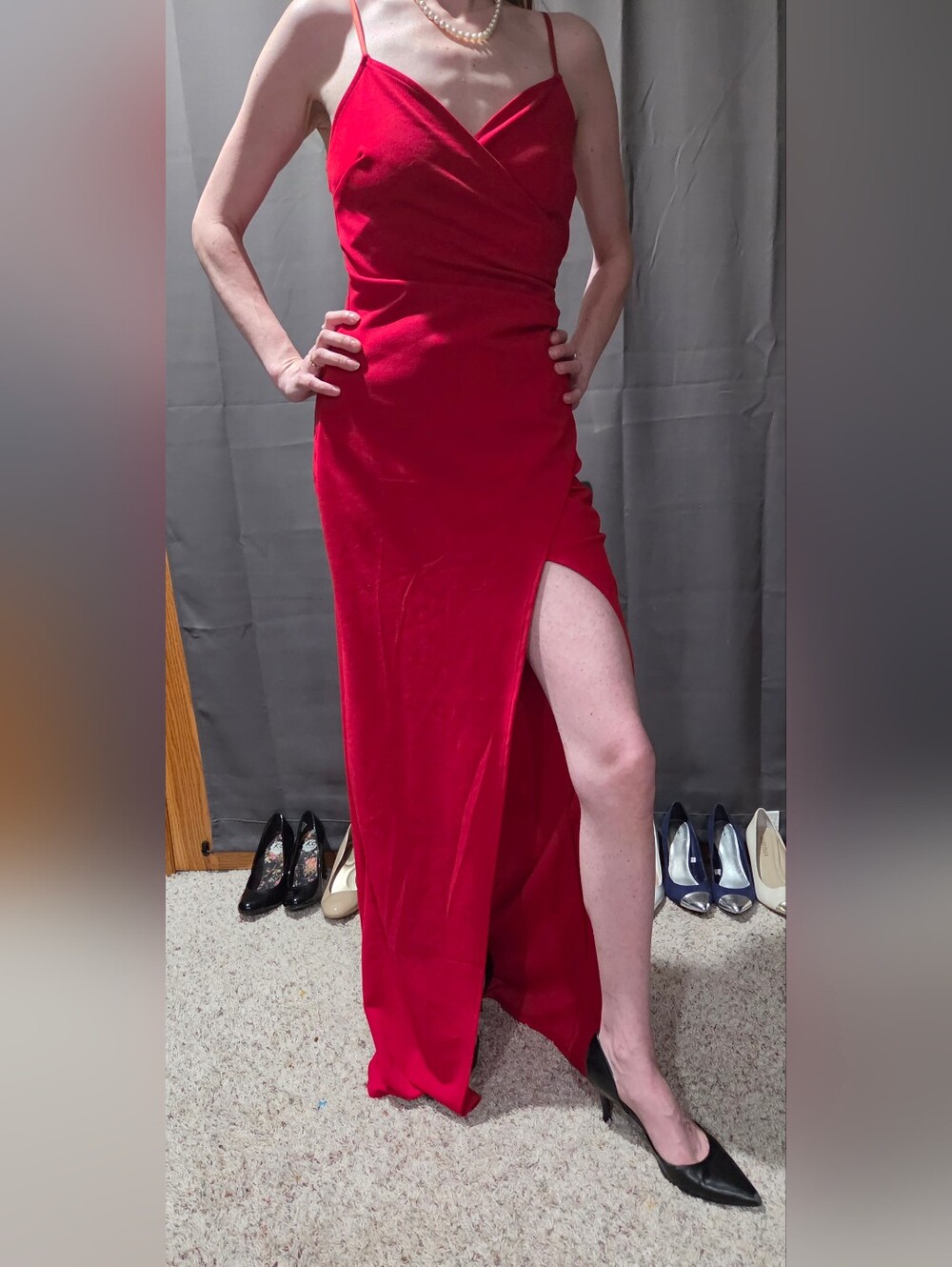 Windsor Red Satin Wrap Slip Gown with High Slit